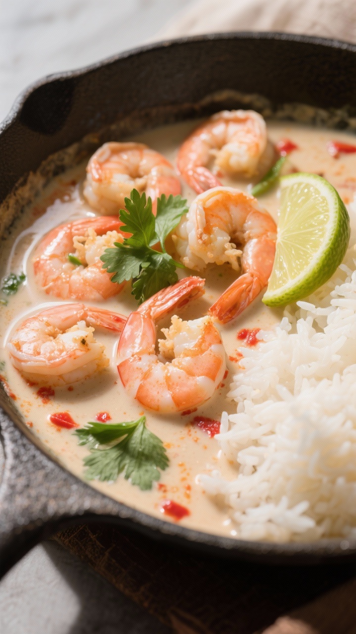 Close-up overhead of coconut lime shrimp curry in a shallow skillet: pink shrimp nestled in a light coconut milk sauce tinted red from red curry paste, with a splash of low-sodium broth, fish sauce depth, and a hint of brown sugar; garnished with fresh lime wedges and cilantro; jasmine rice on the side, glossy, vibrant, tropical mood, bright directional light with gentle shadows.
