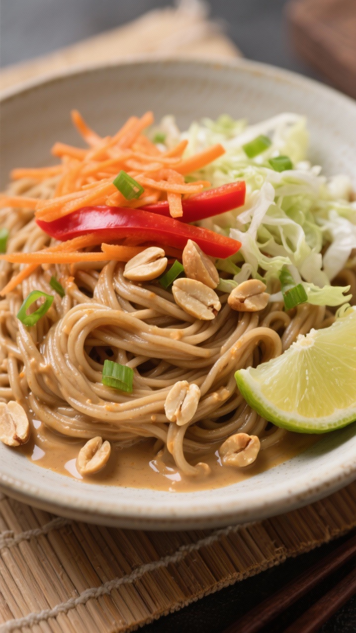 Close-up overhead of creamy peanut noodle bowls: whole-wheat spaghetti coated in satiny peanut sauce, topped with shredded carrots, thinly sliced red bell pepper, shredded cabbage, and sliced green onions; chopped peanuts scattered for crunch; lime wedge on the side and a light drizzle of sauce glistening; neutral ceramic bowl on bamboo mat.