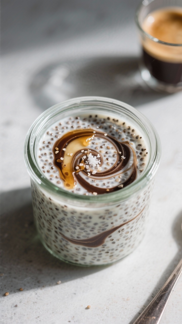 Close-up overhead of Overnight Chia Pudding with Espresso Swirl in a clear glass jar: creamy chia suspended in milk with vanilla and a pinch of salt, dramatic marbled espresso swirl ribboning through; a thin drizzle of maple syrup on top, tiny bubbles and seeds providing texture; espresso shot glass nearby, cool-toned morning light.
