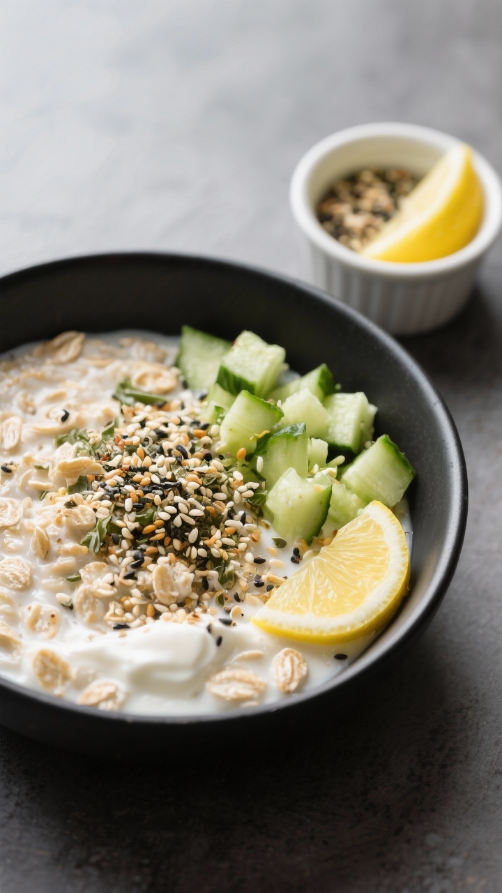Close-up savory shot of Everything Bagel oats in a matte black bowl: creamy oats made with unsweetened milk and Greek yogurt, brightened with lemon juice; topped generously with everything bagel seasoning and finely diced cucumbers; a small ramekin of extra seasoning and lemon wedge nearby; crisp, modern styling, cool daylight, focus on sesame-poppy crunch against silky oats, no sweetness cues.