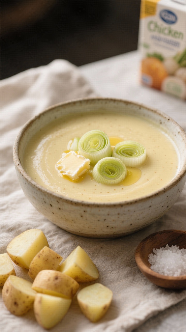 Close-up, shallow depth of field of creamy potato leek soup in a stoneware bowl, showing velvety pale gold texture with faint specks; topped with butter-sautéed leeks and a drizzle of melted butter; Yukon Gold potato cubes and sliced leeks on a linen to the side, along with a small dish of flaky salt; soft, diffused light, refined yet cozy vibe, hint of chicken/vegetable broth carton in background blur.