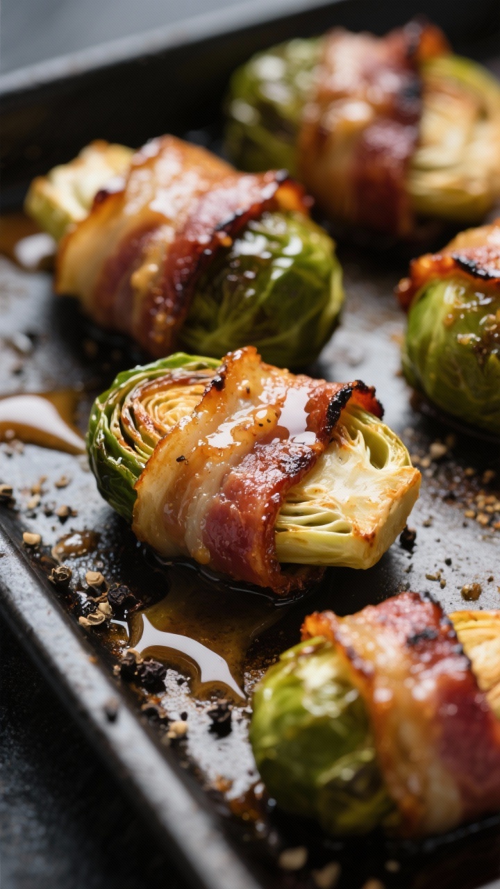 Close-up shot of maple-Dijon bacon wrapped Brussels sprouts fresh from the oven on a dark sheet pan; the halved sprouts snugly wrapped in crisp, lacquered bacon with caramelized edges; visible glaze made from Dijon mustard, pure maple syrup, apple cider vinegar, and garlic powder brushed on, pooling slightly; a few extra glaze brush strokes and coarse black pepper scattered; shallow depth of field emphasizing the glossy, sticky finish and charred bits.
