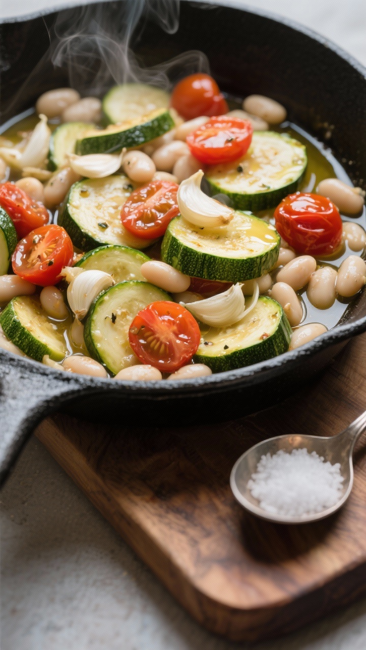 Close-up skillet scene of garlicky zucchini and white bean sauté: thinly sliced garlic shimmering in olive oil, tender zucchini half-moons, burst cherry tomato halves, and creamy cannellini beans nestled together; steam rising, glossy textures, a rustic black cast-iron skillet on a wooden board, pinch bowl of salt and a spoon resting at the edge; cozy, comforting, weeknight-dinner vibe.