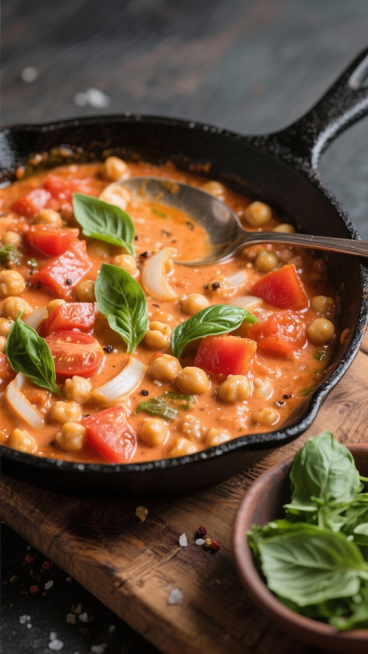 Close-up skillet shot: Creamy tomato basil chickpea skillet bubbling in a black cast-iron pan. Diced tomatoes and chickpeas simmered with onion, garlic, and vegetable broth, finished with fresh basil ribbons. Creamy, velvety sauce clinging to chickpeas, visible flecks of pepper and salt. Spoon resting in the pan, rustic wooden board beneath, a small bowl of torn basil leaves to the side.