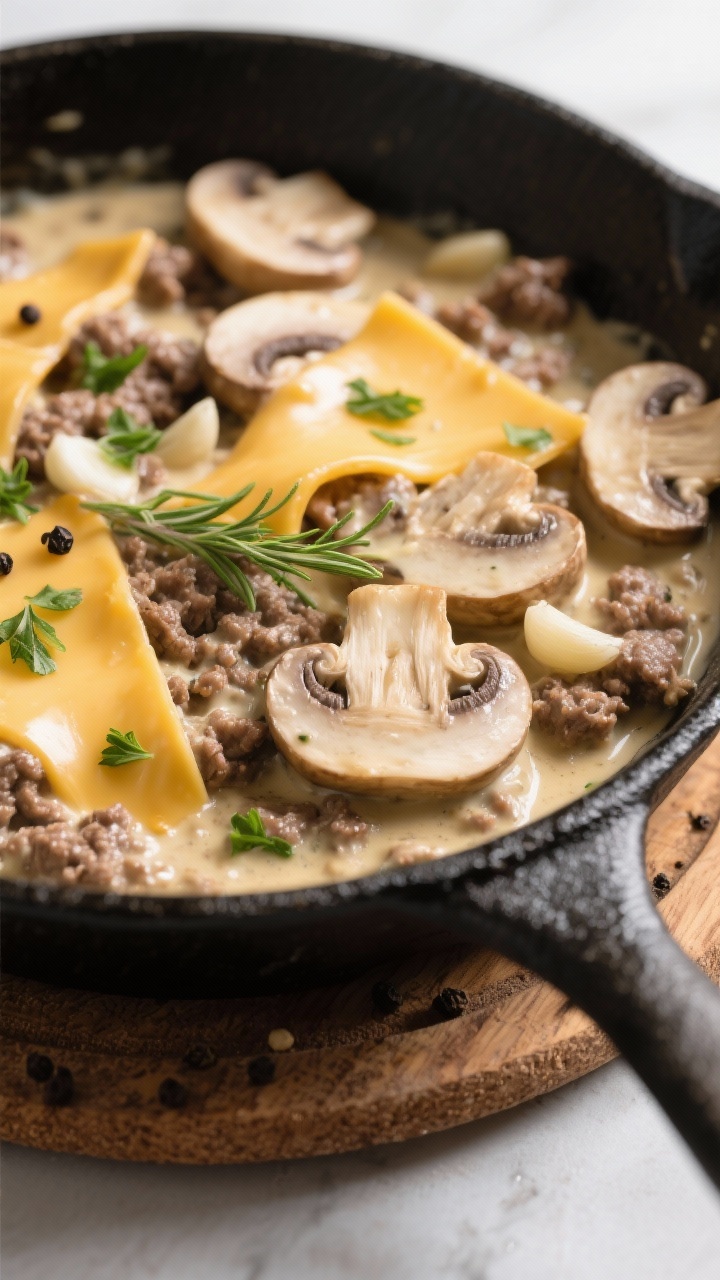 Close-up skillet shot of creamy mushroom Swiss: sautéed cremini and baby bella mushrooms in a velvety cream sauce with thyme and garlic enveloping browned ground beef, melted Swiss cheese ribbons stretching across the surface; served in a black skillet on a wooden trivet, cracked black pepper and chopped parsley garnish; soft, luxurious lighting to highlight creamy textures and cheese melt.