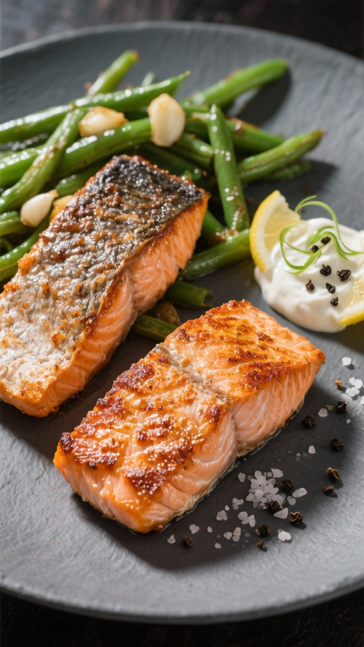 Close-up, skin-side hero shot of Crispy-Skinned Salmon: two 5-oz salmon fillets with shatteringly crisp skin, flaky interior visible; side of vibrant garlicky sautéed green beans; a dollop of lemon yogurt sauce with zest curls; coarse black pepper and kosher salt crystals visible; plated on a slate-gray dish, directional side light for texture.