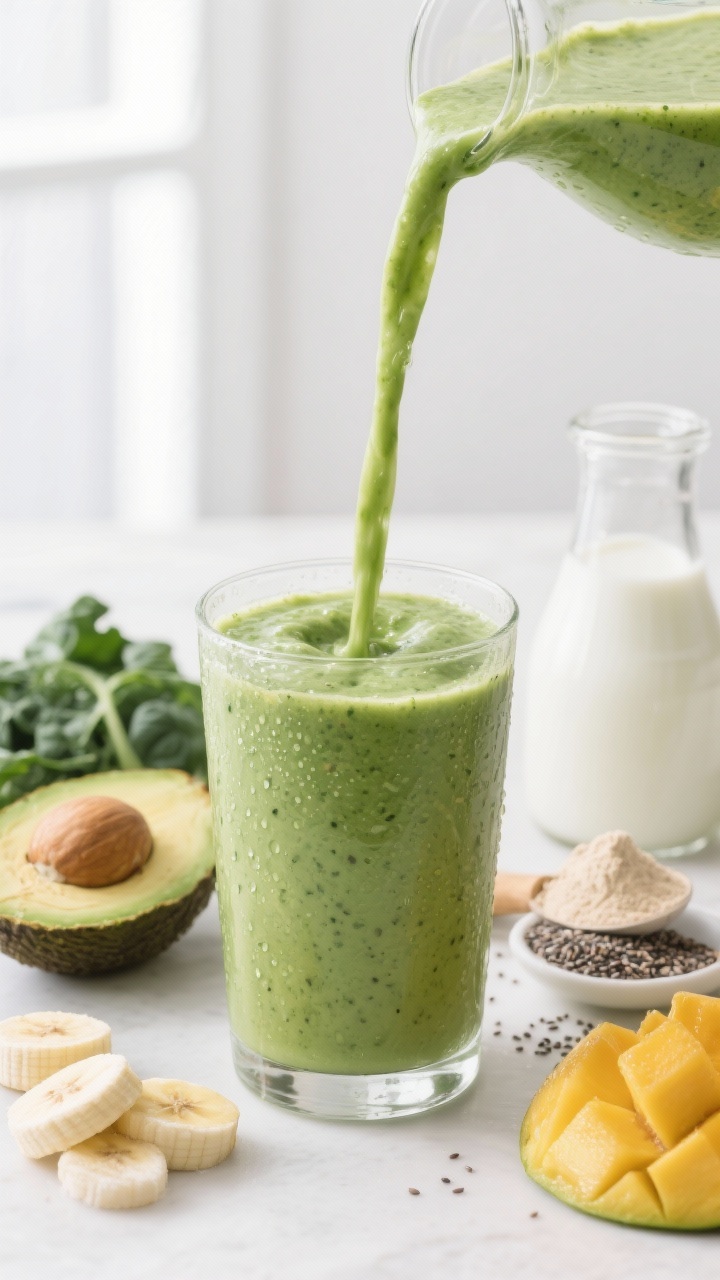 Close-up smoothie pour for the Green Goddess Power Smoothie: thick, velvety green blend cascading into a clear glass, showing flecks of spinach/kale; ingredients staged nearby—half avocado, frozen banana coins, frozen mango chunks, chia seeds, a scoop of vanilla protein powder, and a small carafe of unsweetened almond milk; cool, fresh morning vibe, condensation on glass, minimal white backdrop, soft window light highlighting creamy texture.
