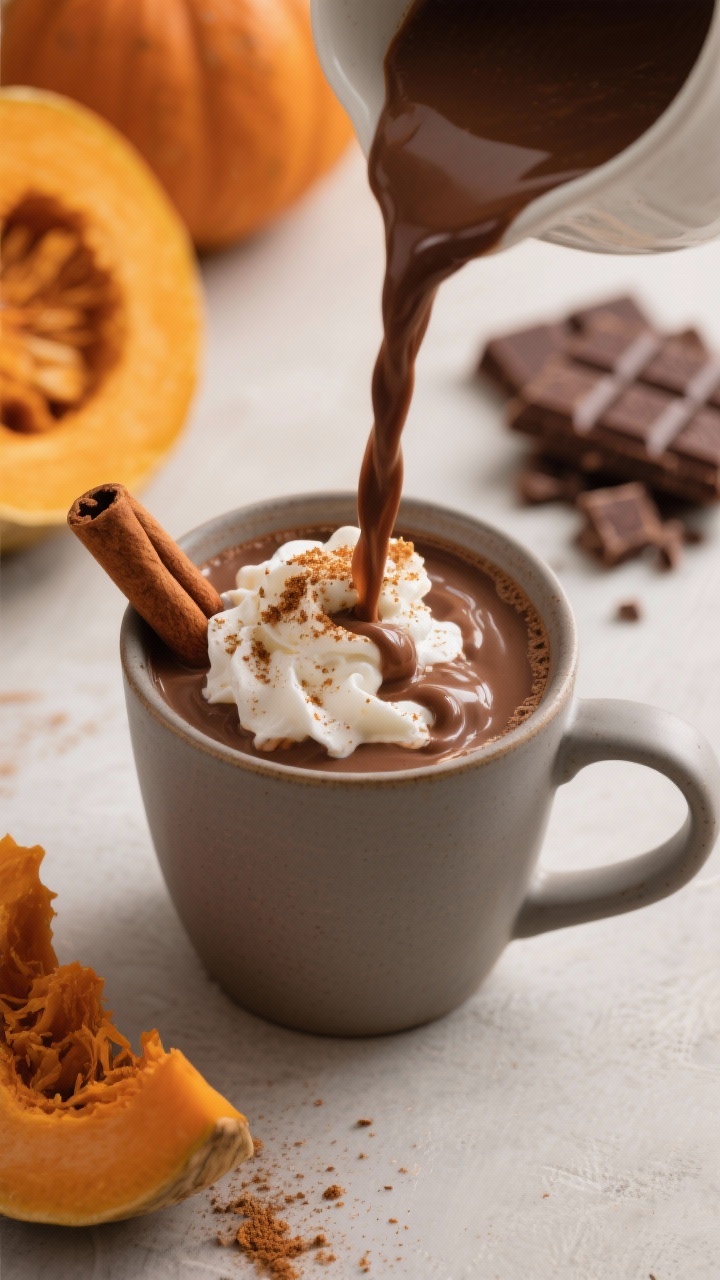 Close-up, straight-on of Roasted Pumpkin Spice Hot Chocolate being poured into a matte ceramic mug: silky blend of pumpkin purée caramelized with brown sugar and pumpkin pie spice, whisked into whole milk (or coconut milk), half-and-half (or oat creamer), and melted semi-sweet chocolate. Thick, glossy stream mid-pour, crowned with whipped cream, a dusting of pumpkin pie spice, and a cinnamon stick. Background props: roasted pumpkin wedges and a bar of chopped chocolate; warm, dessert-like mood with velvety textures emphasized.
