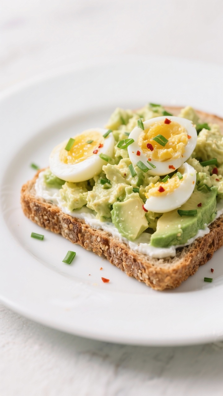 Close-up, straight-on open-face avocado egg salad toast: hearty whole-grain slice topped with a lightened mix of chopped hard-boiled egg, mashed avocado, Greek yogurt, Dijon, and lemon juice; sprinkled with chopped chives or parsley and a pinch of red pepper flakes; texture-rich crumb and creamy topping in sharp focus, clean white plate.