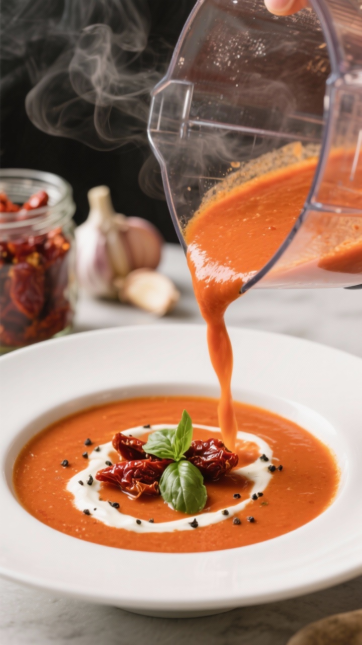 Close-up, straight-on pour shot of creamy sun-dried tomato soup from a blender into a white bowl: velvety orange-red soup made with olive oil-sautéed onion and garlic, sun-dried tomatoes, crushed tomatoes, and vegetable broth; topped with a swirl of cream, cracked black pepper, and basil chiffonade; nearby ingredients (jar of sun-dried tomatoes, garlic cloves) softly blurred, steam visible for warmth.