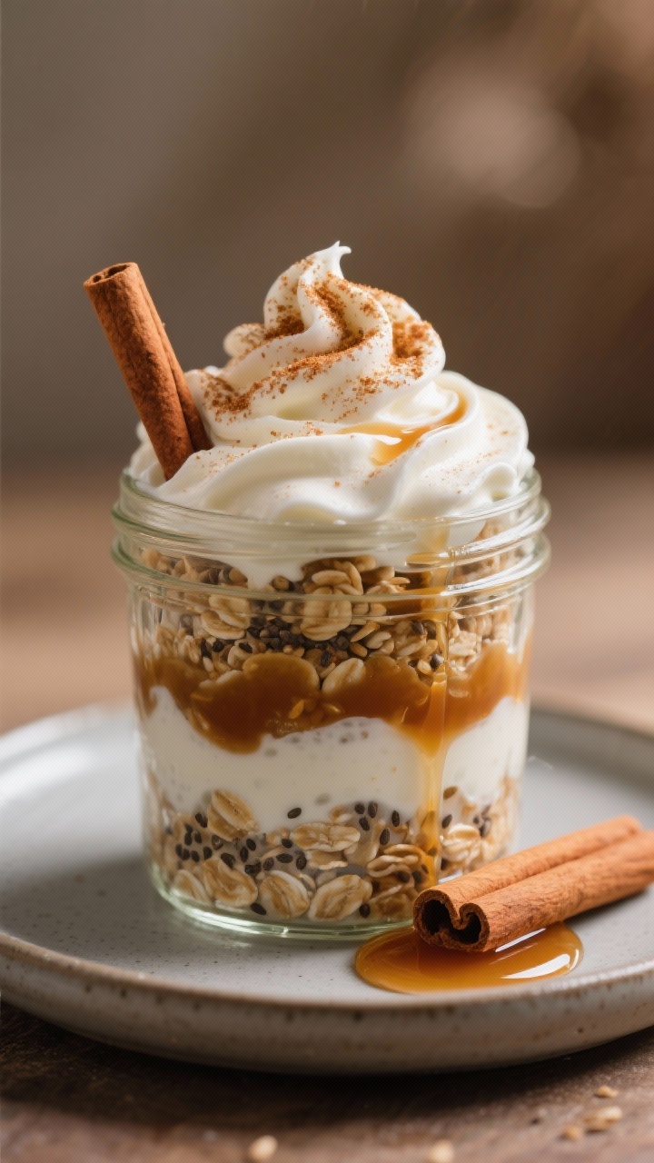 Close-up straight-on shot of cinnamon roll oats in a clear-sided jar to show layers: cinnamon-speckled oats with chia seeds and maple syrup, topped generously with a glossy Greek yogurt “frosting” swirl and a final dusting of cinnamon; warm, cozy light with a small cinnamon stick and a drizzle of maple pooling on a matte ceramic saucer, emphasizing frosting-like peaks and swirls.