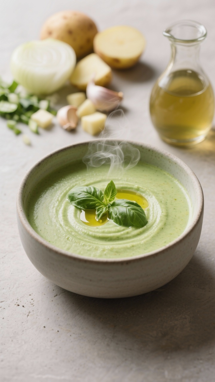Close-up, straight-on shot of creamy zucchini basil soup (no cream) in a matte ceramic bowl, ultra-smooth and velvety texture with a soft green hue; steam rising, swirl of olive oil, torn fresh basil on top; ingredients subtly referenced in the background: chopped onion, garlic cloves, diced Yukon Gold potato, and a small carafe of vegetable/chicken broth; cozy, clean styling