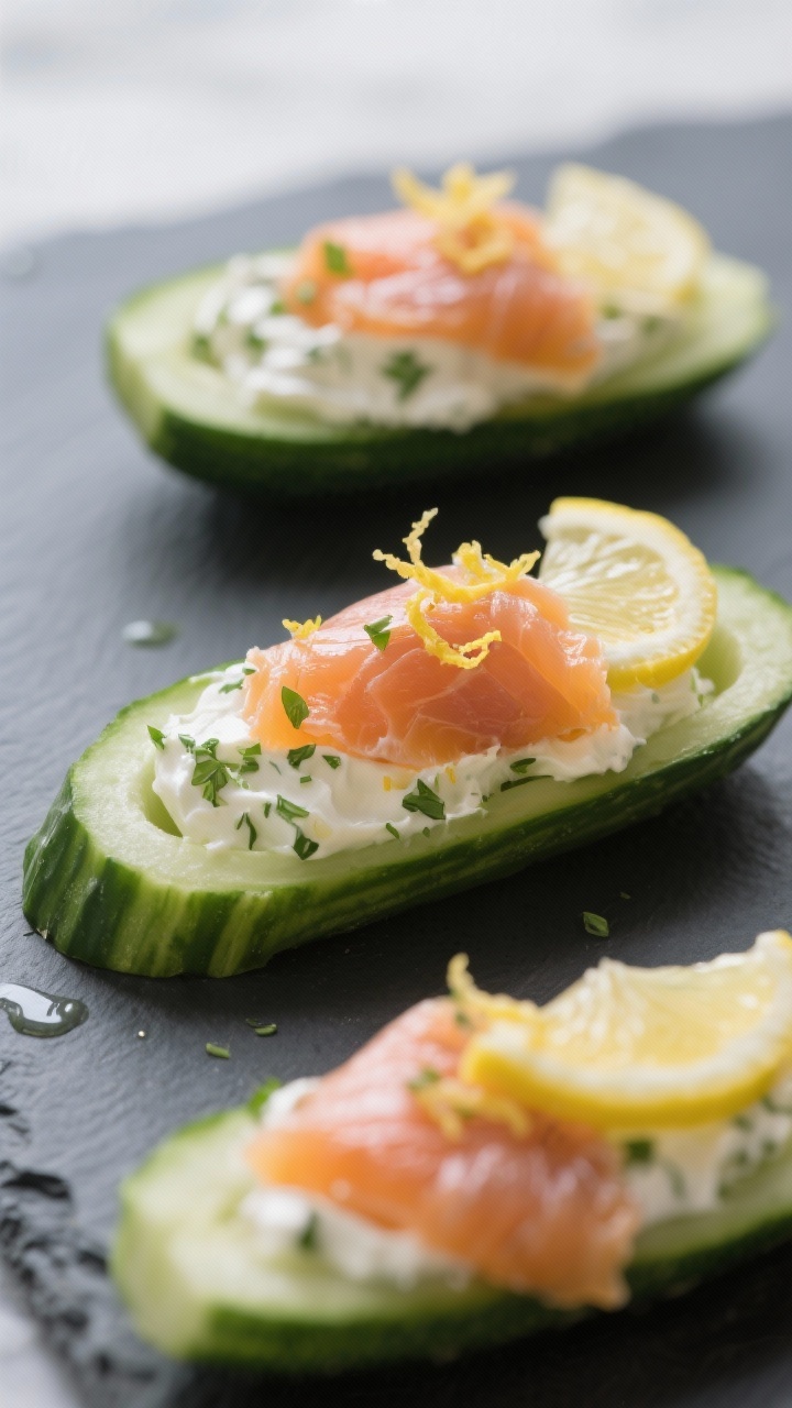 Close-up, straight-on shot of cucumber-lox boats: long English cucumber halves hollowed slightly and filled with herby light cream cheese (flecks of chopped herbs visible), topped with silky slices of smoked salmon, lemon zest confetti, and a few drops of lemon juice glistening; arranged on a matte slate board for contrast, cool tones, shallow depth of field to emphasize creamy-herby filling and salmon sheen, minimalist Scandinavian feel.