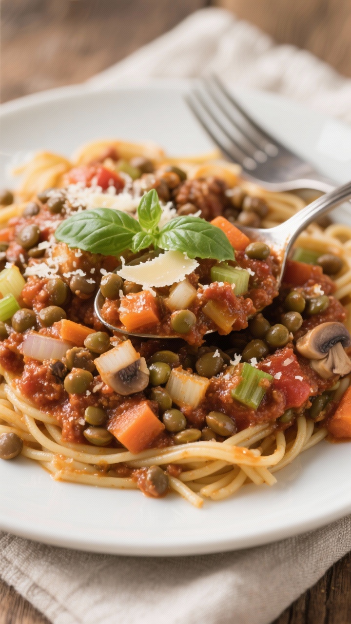 Close-up, straight-on shot of hearty lentil and veggie bolognese spooned over al dente whole-grain pasta: brown/green lentils with finely diced onion, carrots, celery, chopped mushrooms, and minced garlic simmered in a rich tomato sauce; glossy, chunky texture clinging to the noodles; crowned with a light dusting of grated Parmesan and basil chiffonade; warm, inviting tones with a linen napkin and fork beside the plate.