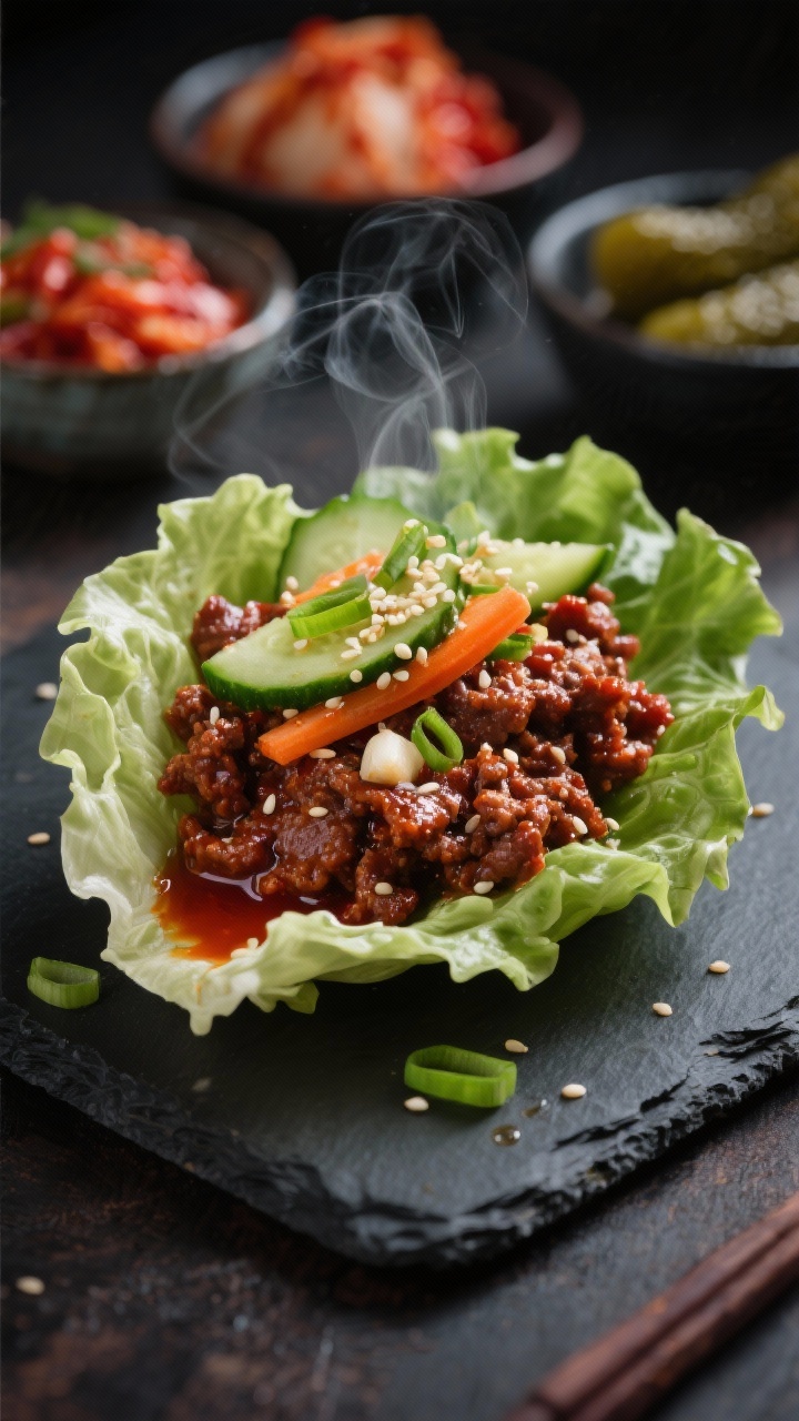Close-up straight-on shot of Korean-inspired beef lettuce wraps: glossy gochujang-garlic ground beef spooned into crisp butter lettuce cups, topped with quick pickled cucumbers and carrots, thinly sliced scallions, sesame seeds, and a light drizzle of sesame oil; steam rising, lacquered sauce sheen; set on a dark slate with small bowls of kimchi and pickles in the background; moody lighting to enhance reds and greens, sharp focus on texture.
