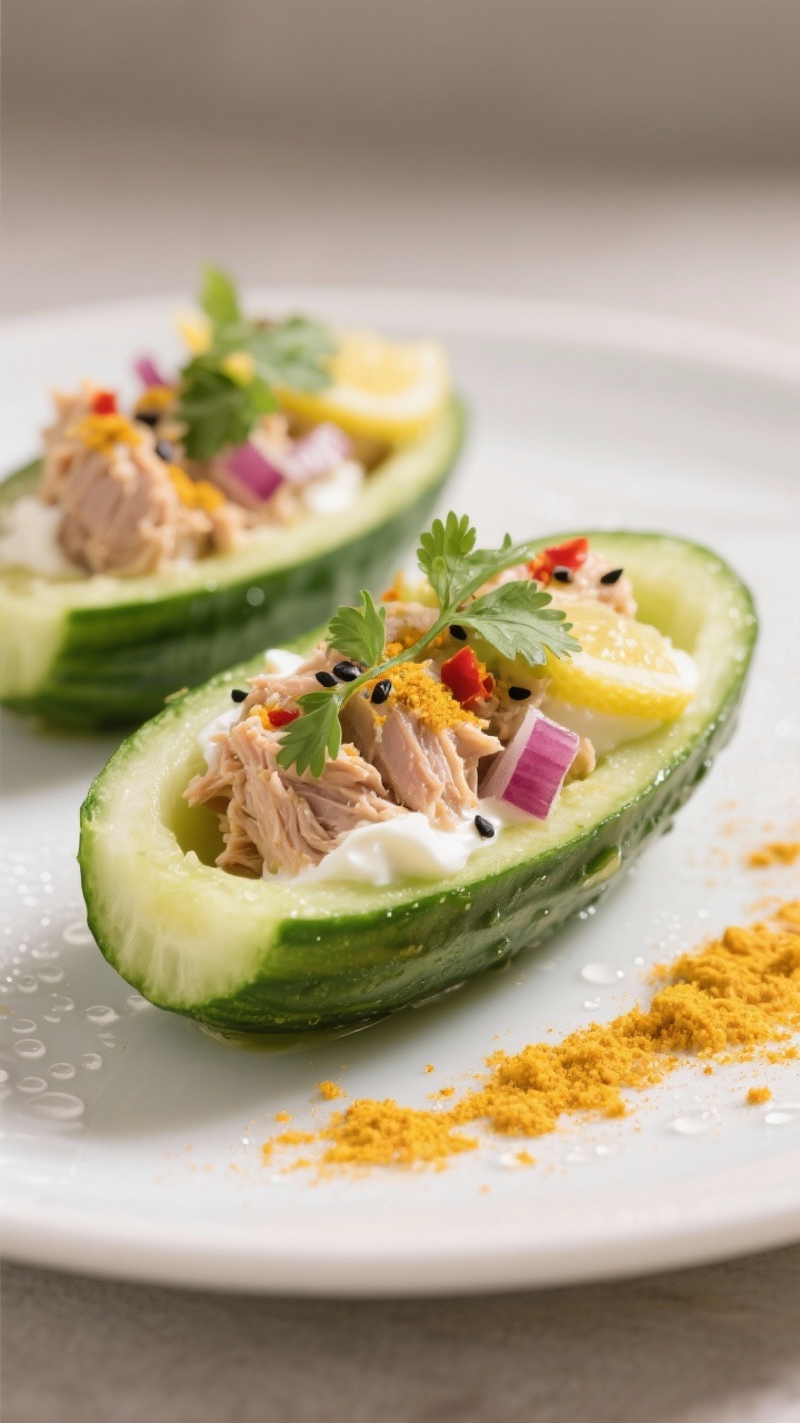 Close-up straight-on shot of Spicy Turmeric Tuna Cucumber Boats: halved cucumbers hollowed into boats, filled with a can of flaky tuna mixed with Greek yogurt, turmeric, chili flakes, lemon juice, and minced red onion; garnished with cilantro and black sesame, a light dusting of turmeric on the plate, crisp beads of moisture on the cucumber, sharp focus on the creamy-spicy filling, neutral background.