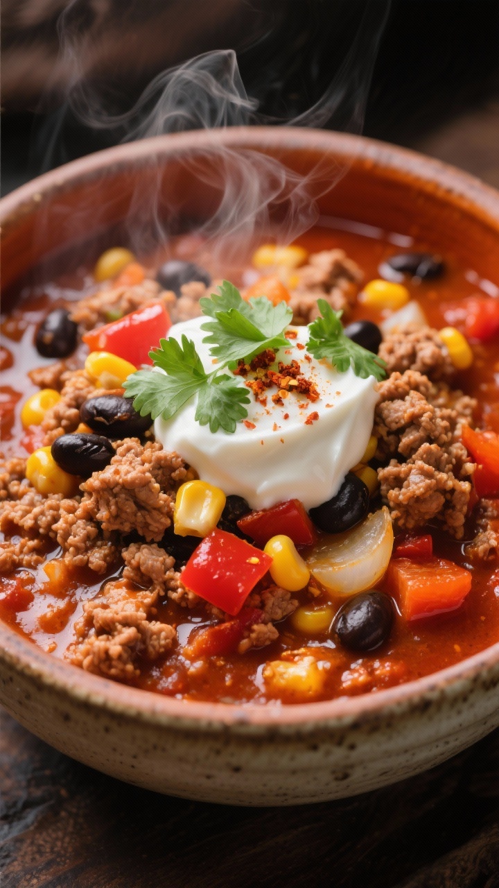 Close-up, straight-on steam shot of spiced pumpkin chili in a heavy ceramic bowl: hearty ground turkey (or beef) crumbles, black beans, sweet corn kernels, diced red bell pepper, and onions suspended in a rich pumpkin-infused, brick-red chili base; a dollop of sour cream, chopped cilantro, and a sprinkle of chili spices on top; texture-forward, with glistening oil blooms and rising steam.