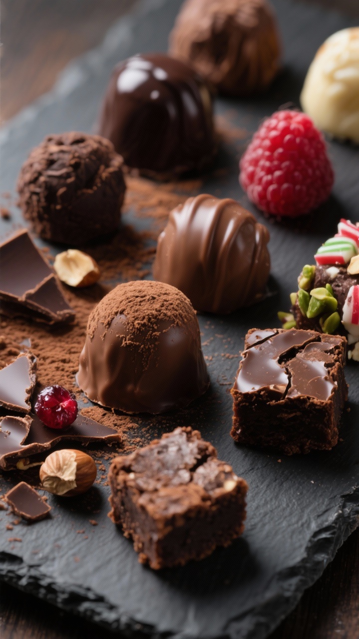 Close-up texture study of a Chocolate Lover’s Board: tight crop on assorted chocolate truffles (dark, milk, hazelnut, raspberry) with delicate cocoa dusting, shards of chocolate bark (almond, cranberry–pistachio, peppermint) showing glossy temper and matte inclusions, and fudgy 1-inch brownie bites with crackly tops; highlight the snap, melt, and crunch with directional side light creating sharp speculars, dark slate surface, minimalist styling, emphasis on rich browns and jewel-toned fruit/nut accents.