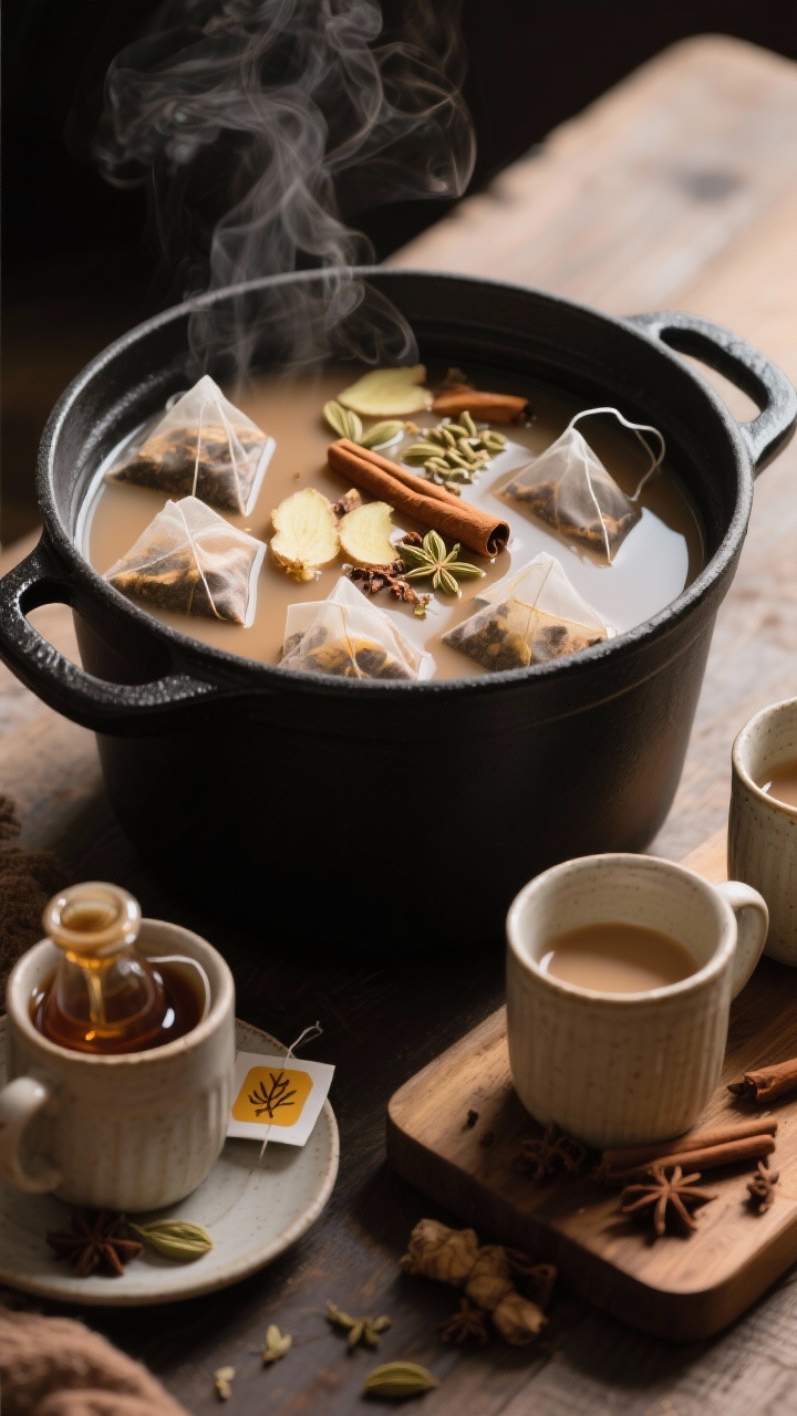 Cozy 45-degree angle process shot of Maple Chai Latte Punch simmering in a matte black pot: 6 cups water infused with 8 chai tea bags, a cinnamon stick, lightly crushed cardamom pods, sliced fresh ginger, and sweetened with pure maple syrup. Steam curling up, tea bags resting on a saucer nearby, a maple syrup dripper, and whole spices scattered on a wooden board. Warm, moody light with soft shadows; include ceramic mugs ready for ladling to suggest comforting, hand-warming servings.
