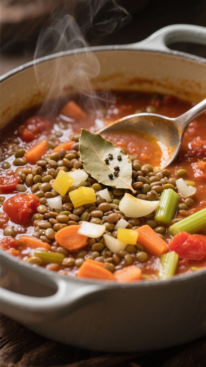 Cozy 45-degree angle shot of a one-pot lentil tomato stew simmering in a matte enameled Dutch oven: diced yellow onion, minced garlic, carrots, celery, and rinsed brown/green lentils in a rich crushed tomato base, gentle steam rising, visible bay leaf and cracked pepper, glossy surface with olive oil sheen, a ladle resting on the pot rim, warm, comforting tones, soft backlight to highlight texture of lentils and vegetables.