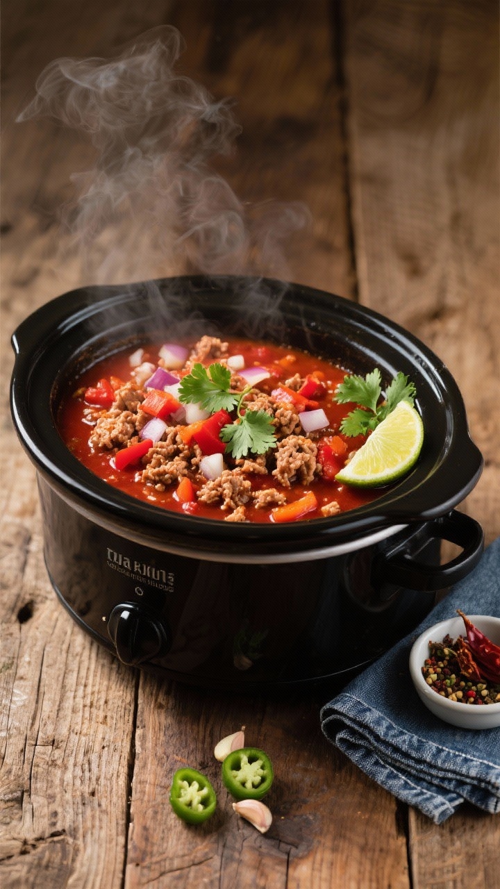Cozy 45-degree angle shot of smoky turkey chili simmering in a matte black slow cooker: lean ground turkey, diced onion, red bell pepper, optional minced jalapeño, minced garlic, and a rich base of no-salt crushed tomatoes; visible steam and a deep red hue; garnished with a few cilantro leaves and a lime wedge on the side; rustic wooden table with a small bowl of chili spices and a folded denim napkin.