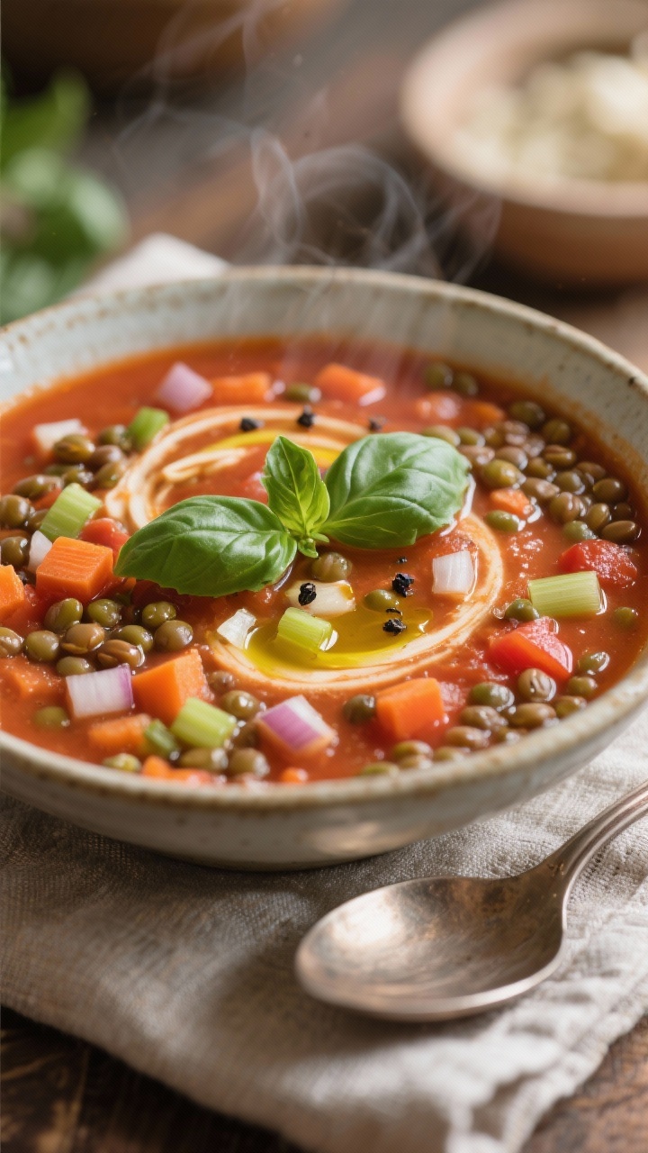 Cozy close-up of tomato-basil lentil soup in a ceramic bowl: visible green/brown lentils suspended in a thick crushed-tomato broth with diced onion, carrot, celery, and minced garlic. Swirl of olive oil on top, torn fresh basil leaves, and a crack of black pepper. Shallow depth of field emphasizing rich texture and steam, placed on a linen napkin with a spoon, warm indoor light.