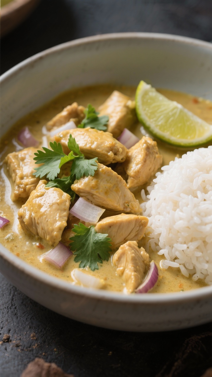 Cozy overhead bowl of Coconut Curry Chicken: boneless skinless chicken thigh chunks in a creamy coconut milk curry with finely chopped onion, minced garlic, grated fresh ginger, and warm golden curry hue; scattered fresh cilantro and lime wedge, jasmine rice mound on the side; soft, moody light emphasizing silky sauce and tender chicken.