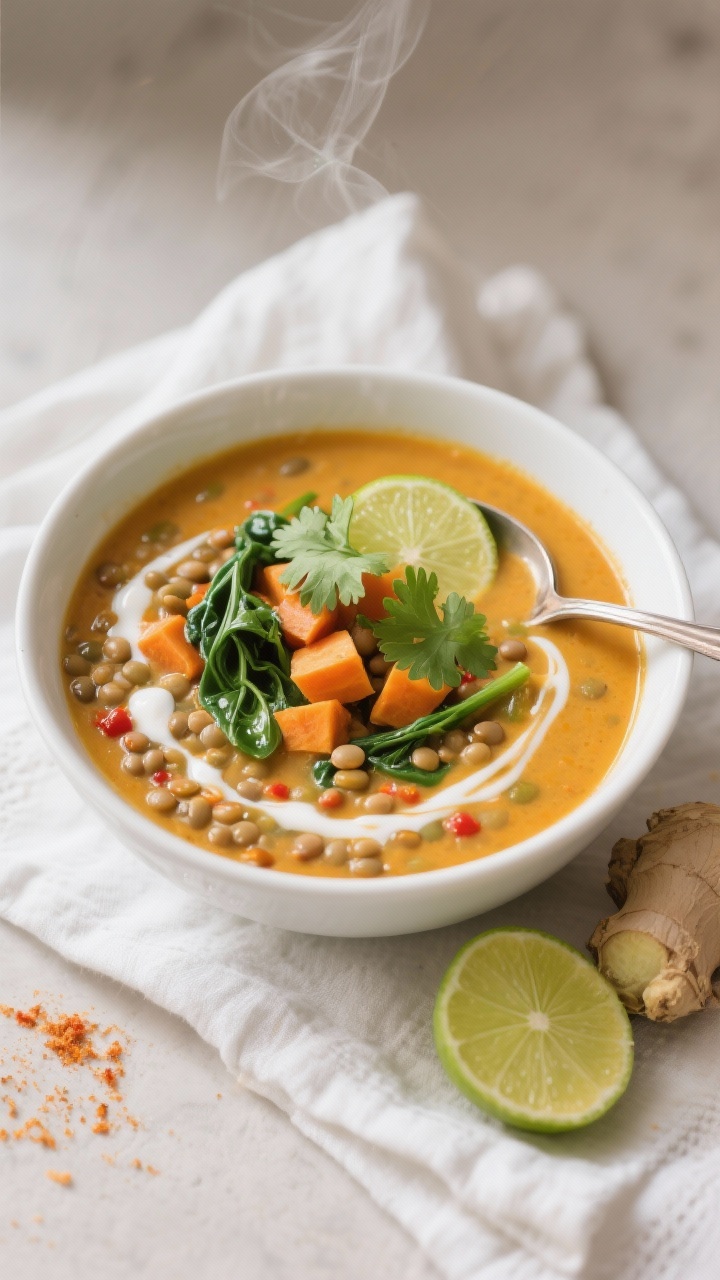 Cozy overhead bowl of Creamy Coconut-Lime Lentil Soup: velvety golden-orange broth from coconut milk and red curry paste, studded with tender lentils, wilted spinach ribbons, and sweet potato cubes; a swirl of coconut milk, squeeze of lime on top, and fresh cilantro leaves; served in a wide white bowl with a spoon, lime wedges and a nub of grated ginger nearby, gentle steam, soft diffused lighting for a comforting mood, clean linen napkin, no human elements.