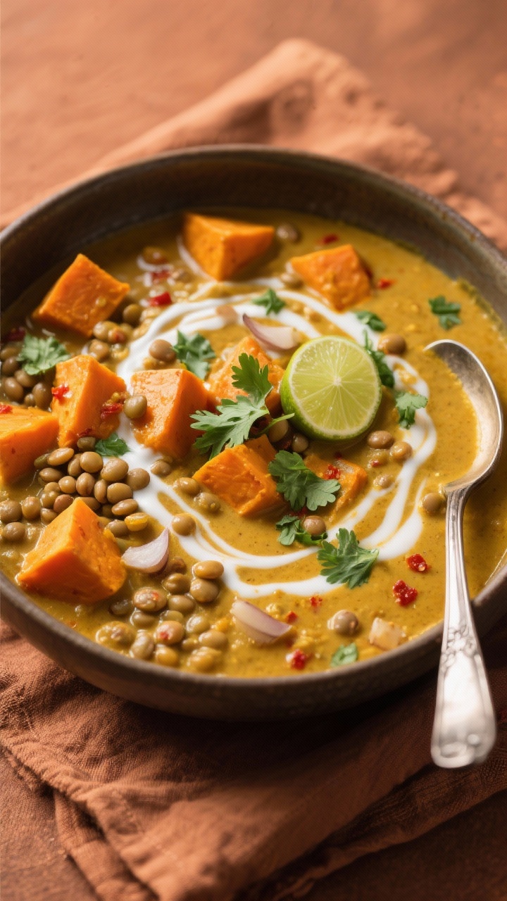 Cozy overhead bowl of Lentil Sweet Potato Curry: creamy golden curry with tender orange sweet potato cubes and soft lentils simmered in coconut oil with onion, garlic, ginger, red curry paste, turmeric, and rich broth; swirls of coconut milk on top, chopped cilantro and a squeeze of lime for freshness; served in a deep bowl on a warm-toned linen, spoon resting alongside, comforting, aromatic mood.