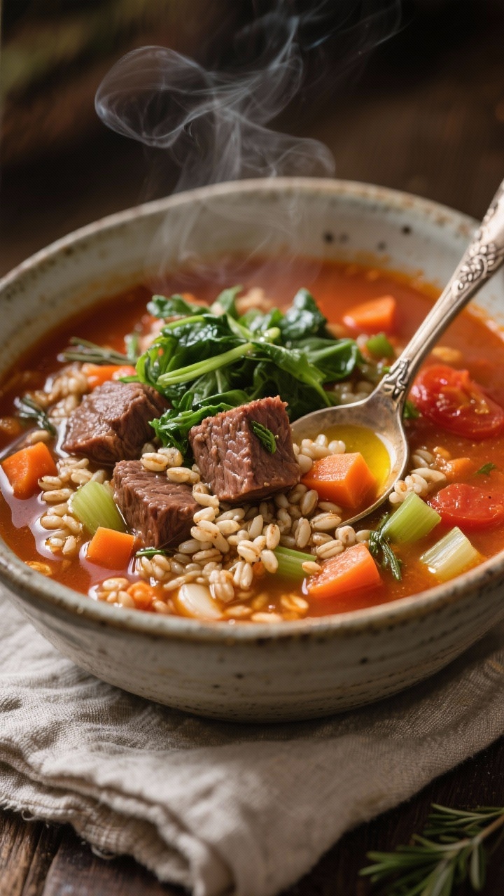Cozy overhead bowl of slow-simmered beef and barley soup: tender cubes of lean stew beef, pearled barley, diced carrots, celery, onion, minced garlic, tomato paste, and dried thyme in a rich, tomato-tinged broth; garnished with a handful of wilted greens; served in a deep ceramic bowl with a vintage spoon, on a linen napkin; visible sheen of olive oil on the surface and steam curling up for warmth.