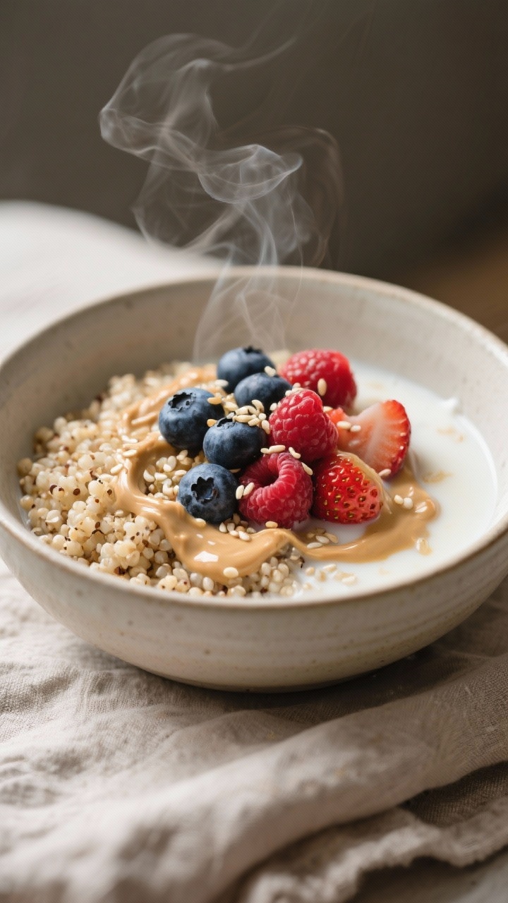 Cozy plated shot of a Warm Quinoa Breakfast Bowl at 45 degrees: steamy vanilla-infused quinoa with unsweetened almond milk, crowned with mixed berries (blueberries, raspberries, strawberries), a generous drizzle of tahini, and a light thread of honey; sesame seeds scattered for texture, soft matte ceramic bowl on a linen cloth, gentle morning side light and visible steam for warmth.