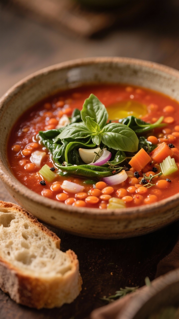 Cozy straight-on bowl of tomato-lentil soup: hearty red lentil and tomato base simmered with olive oil-sautéed onion, diced carrots and celery, minced garlic, dried basil, dried thyme, smoked paprika, and salt; wilted spinach ribbons and torn fresh basil leaves on top; a drizzle of olive oil and crack of black pepper; served in a rustic earthenware bowl with a slice of crusty bread, warm ambient lighting to evoke comfort and depth.