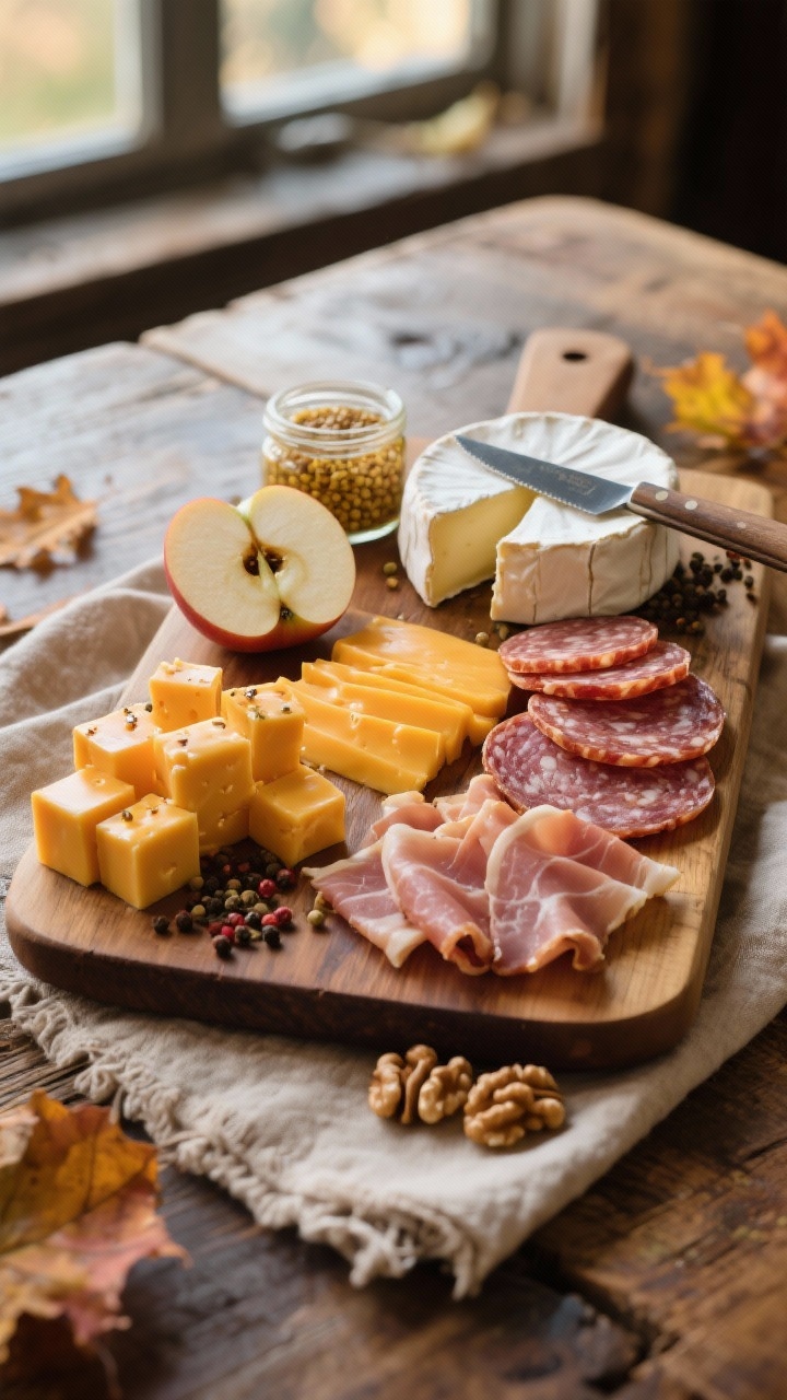 Cozy straight-on farmhouse harvest board scene on a rustic wooden table: hearty cubes of smoked gouda, tidy slices of sharp cheddar, thin sheets of speck or smoked ham, peppered salami coins, and a small wheel of soft-ripened goat cheese partially cut with a cheese knife. Include half-moon apple slices, a small jar of grainy mustard, and a scattering of walnuts. Warm, autumnal tones, linen napkin, gentle window light emphasizing smoke, pepper crusts, and creamy goat cheese bloom.