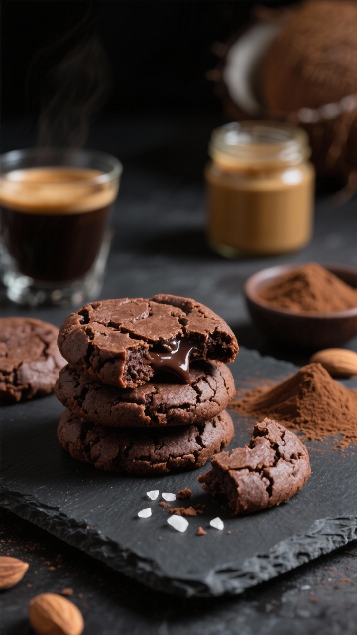 Dramatic close-up of flourless fudge brownie cookies with espresso on a dark slate, crackly tops and fudgy interiors exposed with a broken cookie showing gooey center; cocoa powder dust, a pinch of sea salt crystals, and a small mound of espresso powder styled beside; almond butter jar and coconut sugar bowl blurred in the background; rich, contrasty lighting for intense chocolate mood.