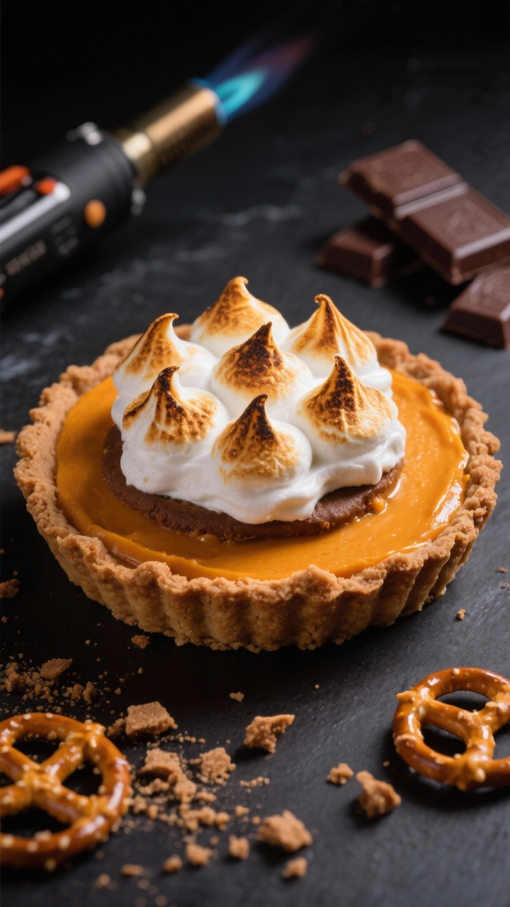 Dramatic straight-on shot of a s’mores pumpkin tart with a pretzel–graham crust: crisp, salty-sweet crust holds a smooth pumpkin filling set with heavy cream; the top covered in toasted marshmallow peaks with deep golden tips; a few crushed pretzels and graham crumbs scattered on the surface, a blowtorch and chocolate squares in the background for mood, rich contrast and glossy highlights emphasizing the gooey marshmallow texture.