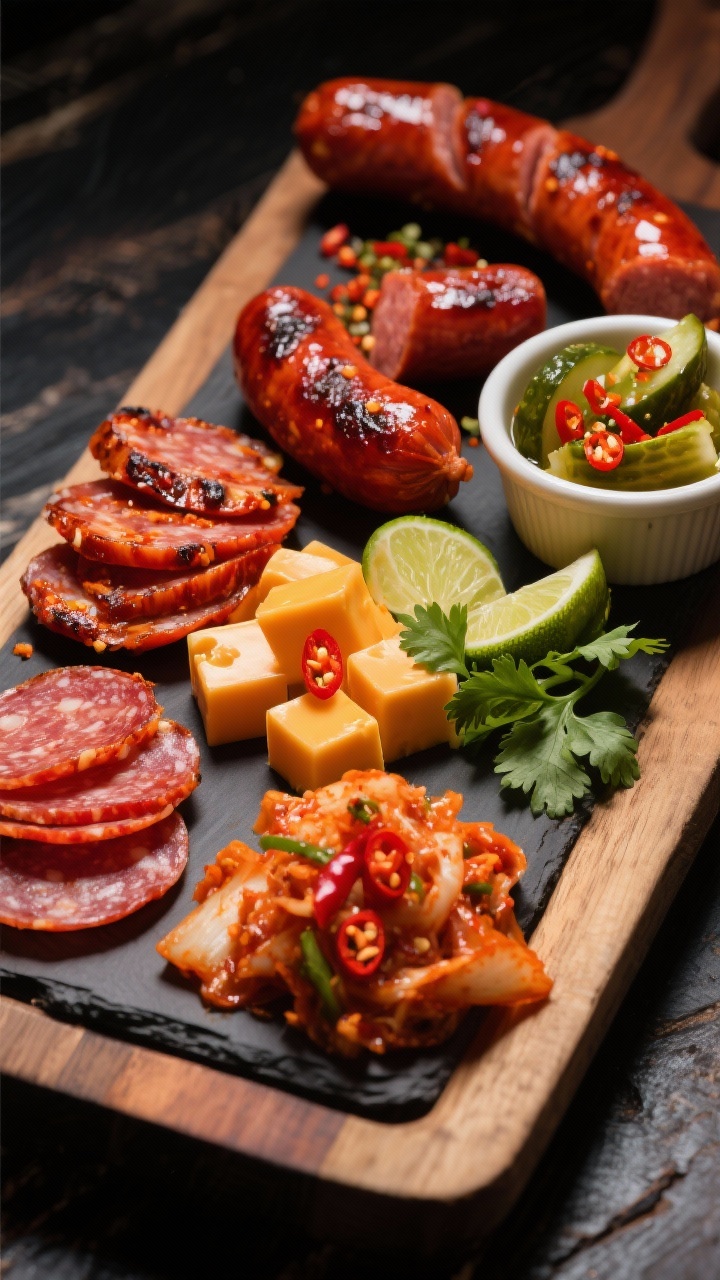 Dynamic 45-degree street-food-inspired board with bold colors: lightly seared slices of chorizo or andouille showing caramelized edges, spicy calabrese salami, cubes of pepper jack or habanero cheddar with visible chilies, a small mound of slightly drained kimchi, and a ramekin of quick-pickled cucumbers with chili flakes. Add lime wedges and cilantro for pop. Moody contrast lighting, glossy highlights on seared sausage, fiery red-orange palette, punchy, snackable energy.
