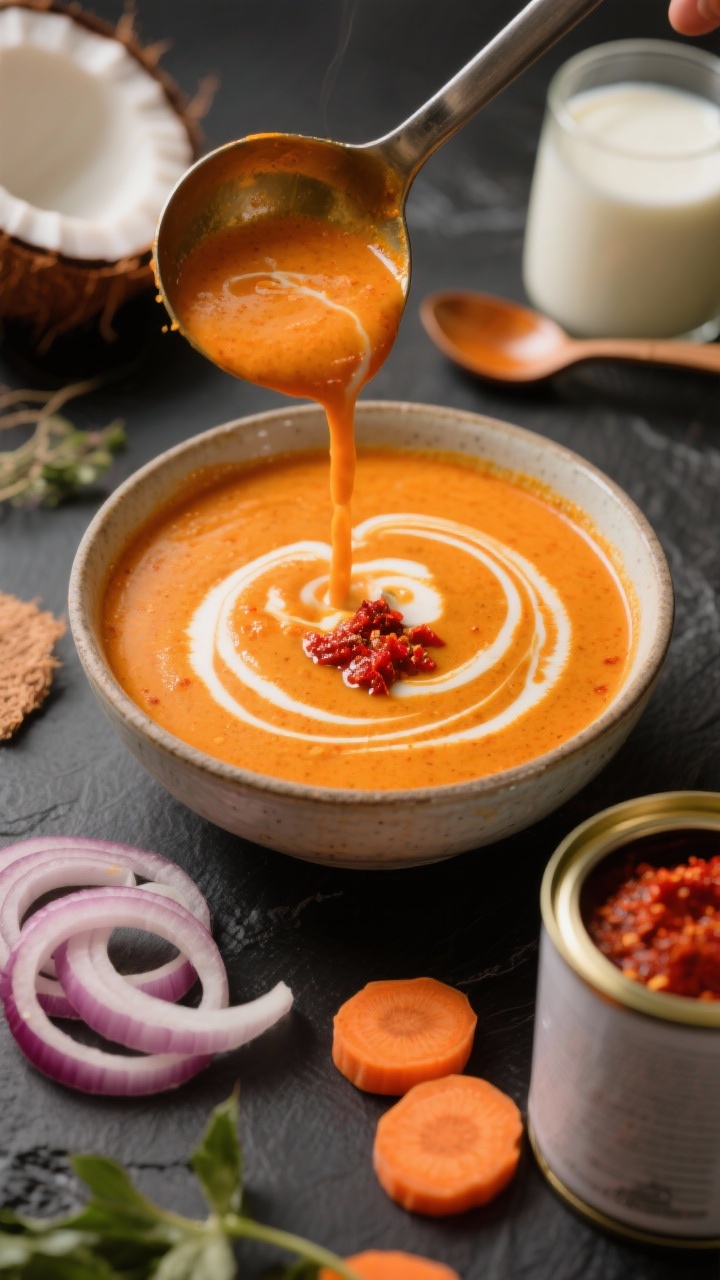 Dynamic close-up of Thai-inspired coconut curry carrot soup being ladled into a bowl: saturated orange hue from carrots and red curry paste, velvety coconut milk sheen, subtle swirl pattern on the surface; garnished with a tiny drizzle of coconut milk and a sprinkle of red curry paste oil; sliced onions and raw carrot coins nearby, coconut milk can and spoon with paste partially in frame; vibrant, spicy pop with high color contrast.