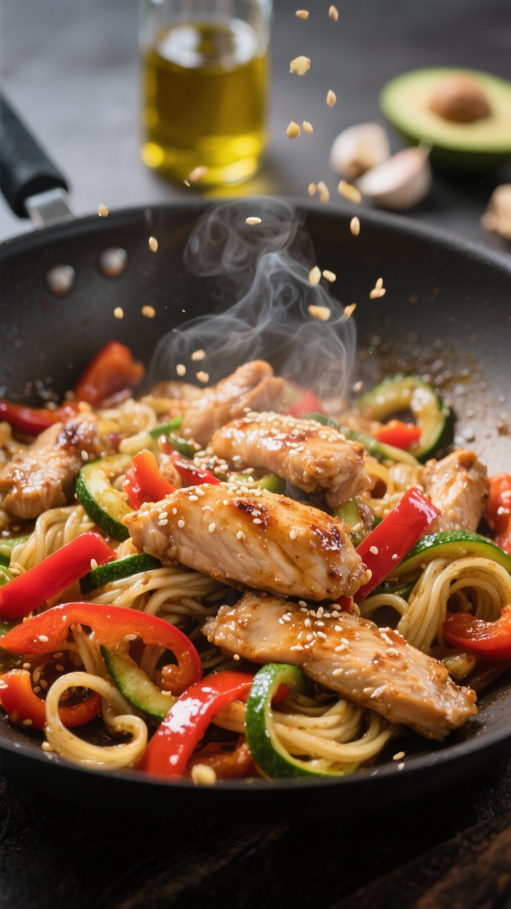 Dynamic stir-fry close-up in a wok: ginger-garlic chicken thigh strips searing with a glossy sesame sheen. Visible slivers of red bell pepper, zucchini ribbon noodles curling, wisps of steam, and sesame oil glint. Avocado/canola oil bottle in the background blur; minced garlic and ginger pieces clinging to chicken. Vibrant, fast-motion feel, high contrast, no people.