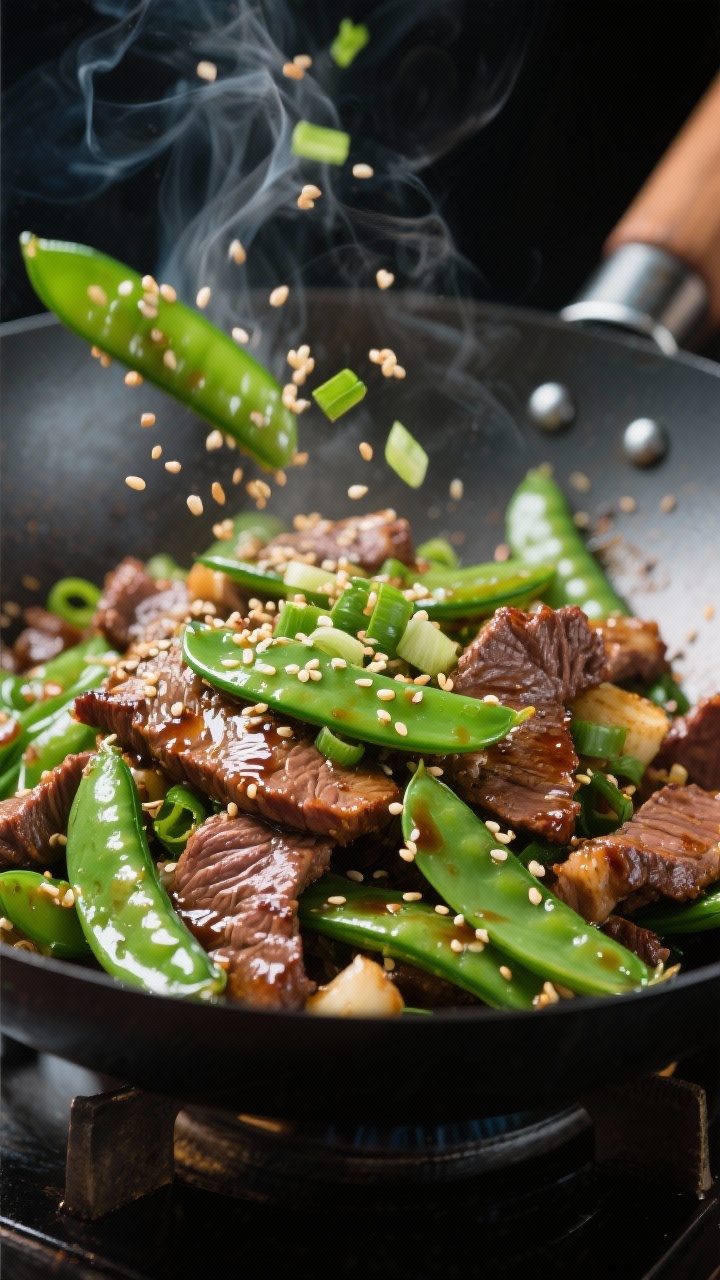 Dynamic wok action close-up of sesame ginger beef and snap pea stir-fry: thinly sliced flank steak seared and lacquered with a glossy soy-ginger-garlic sauce, vibrant sugar snap peas still crisp and bright green, sliced green onions sprinkled over, sesame seeds finishing, steam and motion blur from a quick toss, high-contrast lighting.