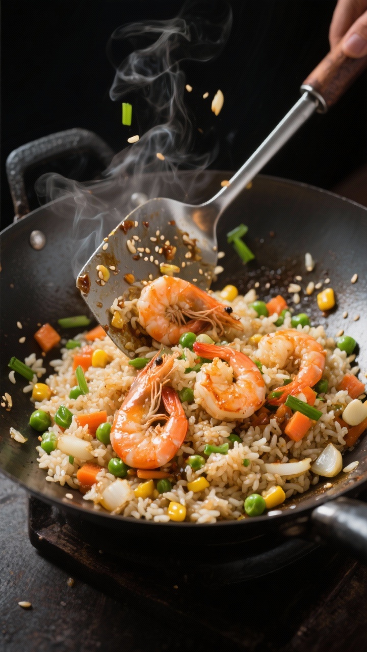 Dynamic wok-in-action 45-degree shot of garlicky shrimp and veggie fried rice: large shrimp marinated with soy/tamari and a touch of cornstarch searing with minced garlic and diced onion, then tossed with day-old rice and mixed vegetables (peas, carrots, corn), wisps of steam, glossy grains separated, hints of sesame seeds and scallions, a metal spatula mid-stir, high-heat sheen under directional light.