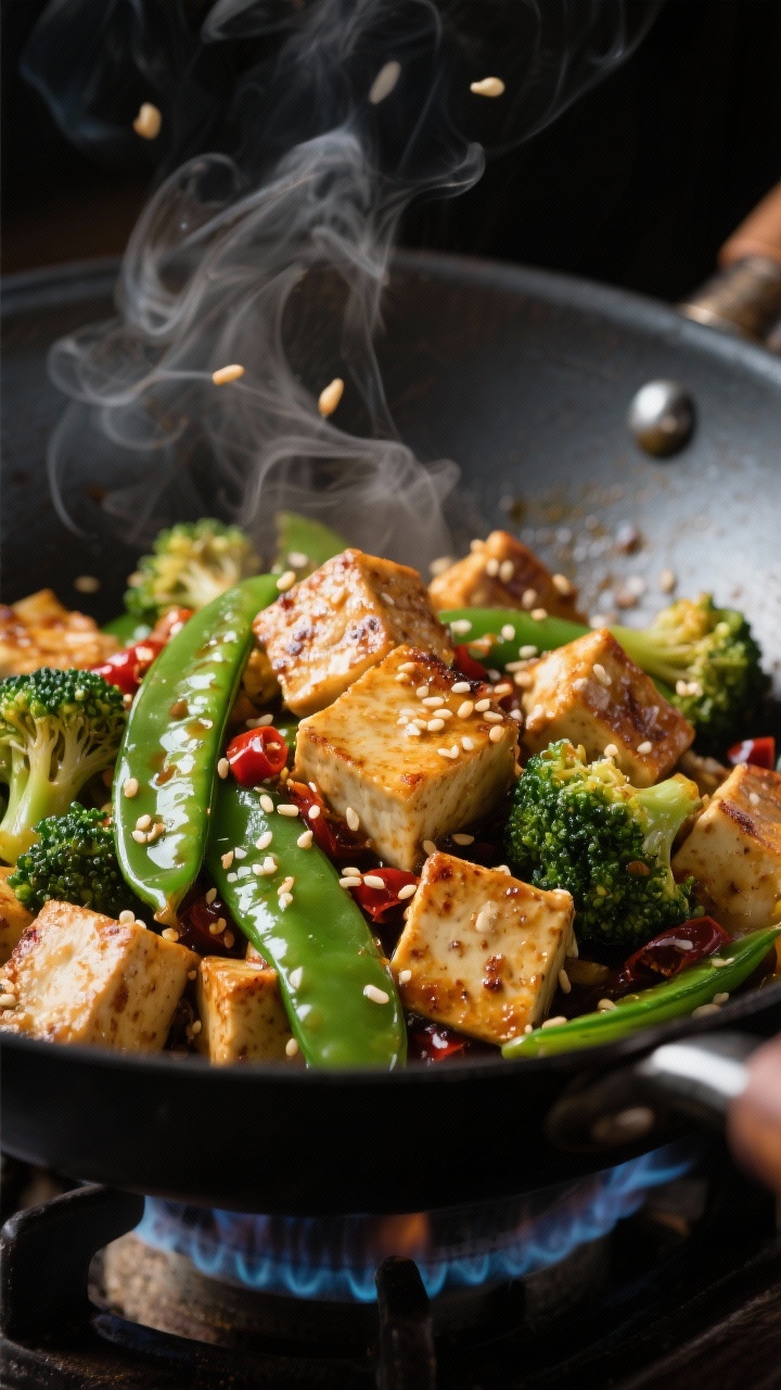 Dynamic wok-in-action close-up of Spicy Sesame Tofu Stir-Fry: extra-firm tofu cubes lightly dusted with cornstarch, seared to a golden crust; glossy broccoli florets and sugar snap peas tossed in a sesame-chili sauce; sesame seeds scattered; steam rising; dark carbon-steel wok over a burner, moody contrast, sharp focus on textures.