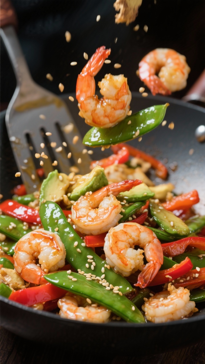 Dynamic wok stir-fry at 45 degrees: sesame-ginger shrimp with snap peas and thin red bell pepper strips tossing in a glossy sauce; medium shrimp just turning opaque, bright green peas still crisp; a light sheen of avocado/canola oil, sprinkled sesame seeds and ginger strands visible; action blur of a spatula, crunchy, saucy, speedy mood.