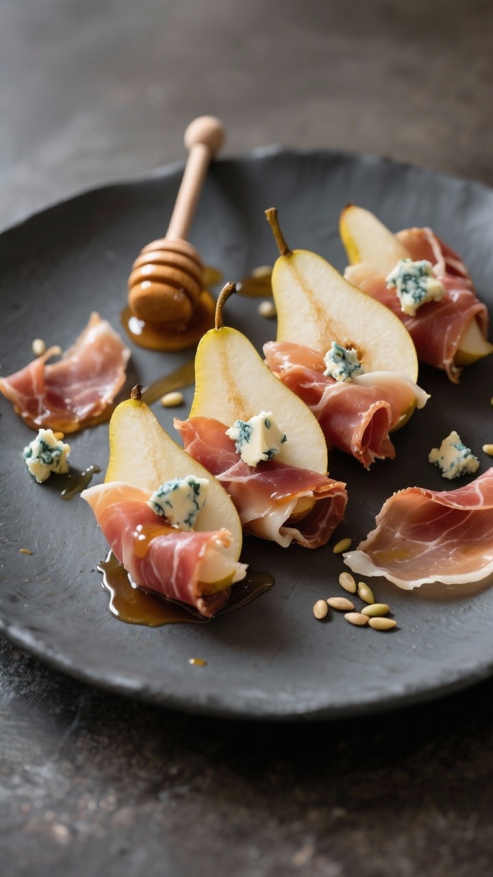 Elegant plated presentation at 45 degrees: prosciutto-wrapped pear wedges arranged in a fan on a matte charcoal plate, crumbled blue cheese tucked into folds, finished with a delicate drizzle of honey or balsamic glaze; extra prosciutto ribbons, pear seeds, and a small honey dipper as styling elements; soft natural light to highlight salty-sweet contrast and silky prosciutto.
