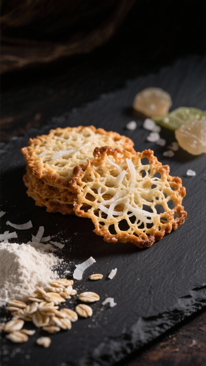 Extreme close-up of crisp coconut oat lace cookies on a dark slate, showcasing their delicate lacy web, caramelized edges, and toasty coconut threads. Scatter unsweetened shredded coconut, lightly crushed quick oats, a bit of white whole wheat flour, baking powder, a pinch of salt, and granulated monk fruit crystals around the frame. Side lighting to emphasize translucence and texture, minimalist dark background for dramatic contrast.
