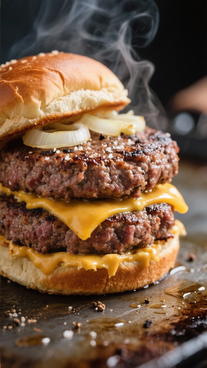 Extreme close-up of juicy smash-style burger patties: 80/20 ground beef seasoned with kosher salt, black pepper, and garlic powder, edges frilly and crisp; secret onion-butter smeared into the crust; molten cheddar draped over; stacked in a toasted bun with simple condiments; shot on a griddle surface with glistening fat droplets and rising steam, shallow depth of field.