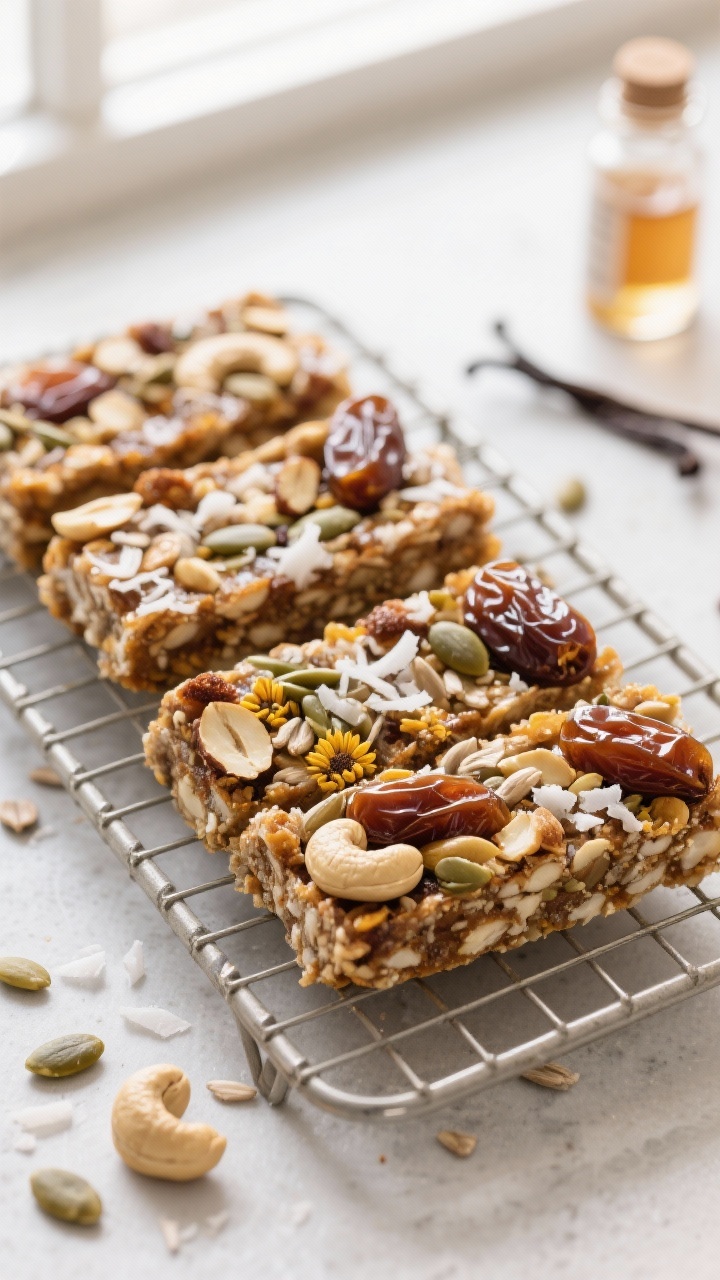 Ingredient-forward close-up of no-sugar trail mix bars on a cooling rack, cleanly sliced to show a dense, glossy interior: raw cashews, sunflower seeds, pumpkin seeds, pitted Medjool dates binding the mixture, and unsweetened shredded coconut throughout. A hint of vanilla extract bottle in the background, a few loose seeds scattered on the surface. Natural window light, sharp detail to emphasize chew and crunch.
