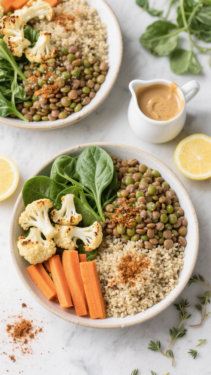 Ingredient-forward overhead flat lay for spiced lentil and veggie power bowls: cooked green/brown lentils simmered in low-sodium vegetable broth, arranged with roasted cauliflower florets, sliced carrots, baby spinach, and quinoa, dusted with ground cumin and coriander; tahini drizzle in a small pitcher ready to pour, lemon wedges on the side; vibrant, healthful palette with crisp, clean styling.