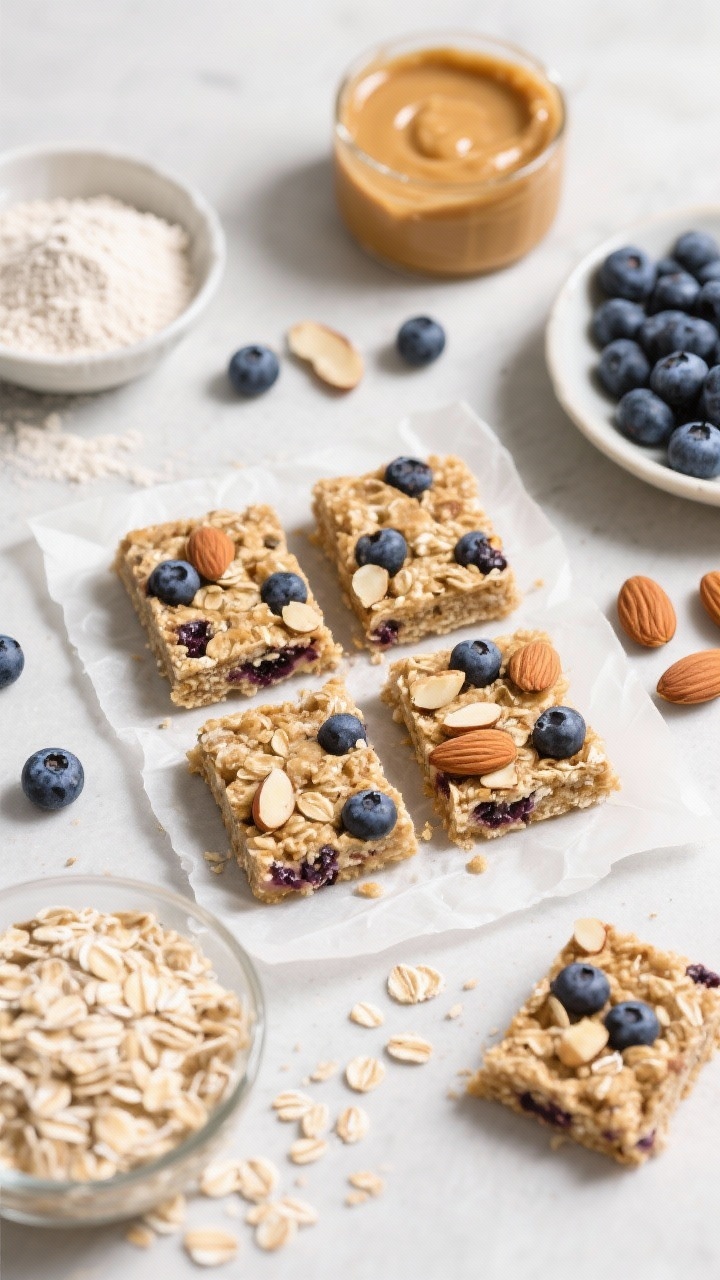 Ingredient-forward overhead of No-Bake Blueberry-Almond Oat Bars: neat squares of oat bars studded with blueberries and almond pieces on parchment, cut cleanly to show layered texture; surrounding mise en place—rolled oats, almond flour, almond butter, maple syrup, melted coconut oil, vanilla extract, and extra blueberries and sliced almonds; natural light, matte backdrop, slight crumb scatter for realism; appetizing, wholesome snack vibe.