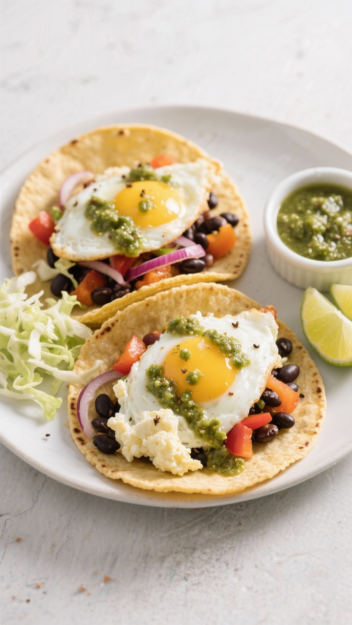 Ingredient-forward plated shot, straight-on: high-protein breakfast tacos on small corn tortillas, filled with fluffy scrambled egg whites and whole eggs, black beans, diced bell pepper, and red onion, seasoned with cumin; drizzled with salsa verde and topped with a light cabbage slaw; lime wedges and extra salsa verde ramekin nearby; vibrant colors, clean composition, appetizing shine.