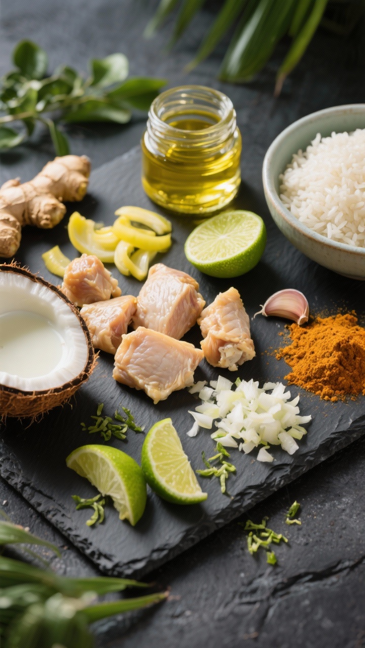 Ingredient-forward prep shot, 45 degrees: coconut-lime curry mise en place on a dark slate—bite-size boneless chicken thigh pieces, a jar of coconut oil, finely chopped yellow onion, minced garlic, grated fresh ginger, coconut milk, bright green lime halves and zest, plus curry powder/paste elements. Fragrant rice in a small bowl off to the side. Vibrant tropical palette hinting at the final creamy curry, no cooking yet, clean and organized layout.